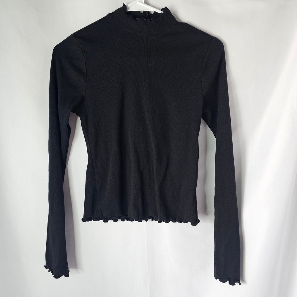 Old Navy Ribbed Mock Neck Top Womens Small Black Lettuce Edge Coquette French